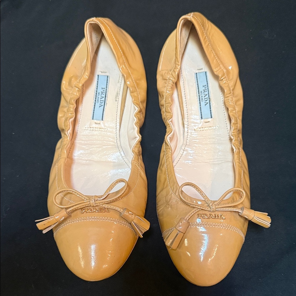 Prada Women’s Camel Leather Bow Ballet Flats